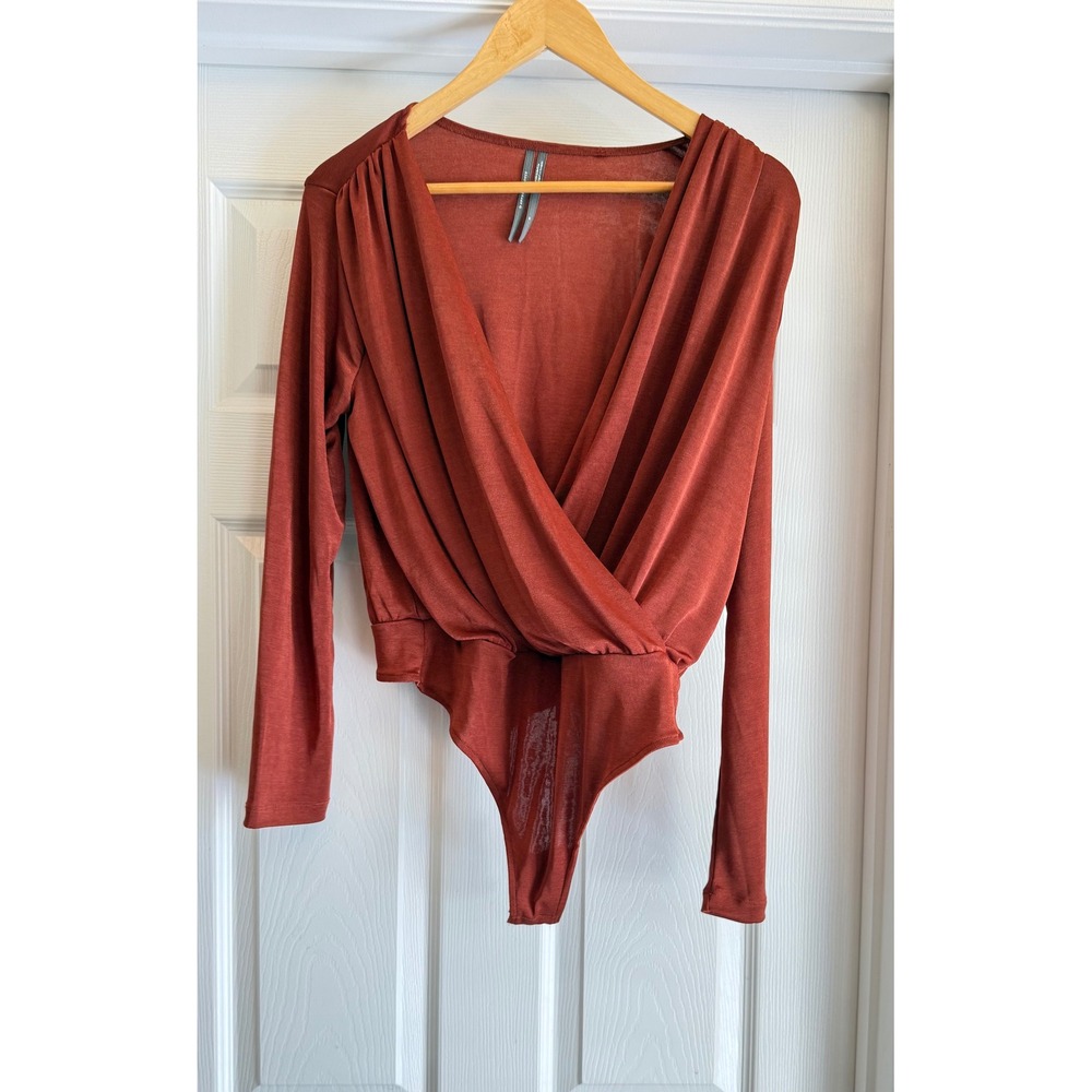 Anthropologie Bodysuit Women Medium Rust Orange Long Sleeve Wrap Deep V-Neck